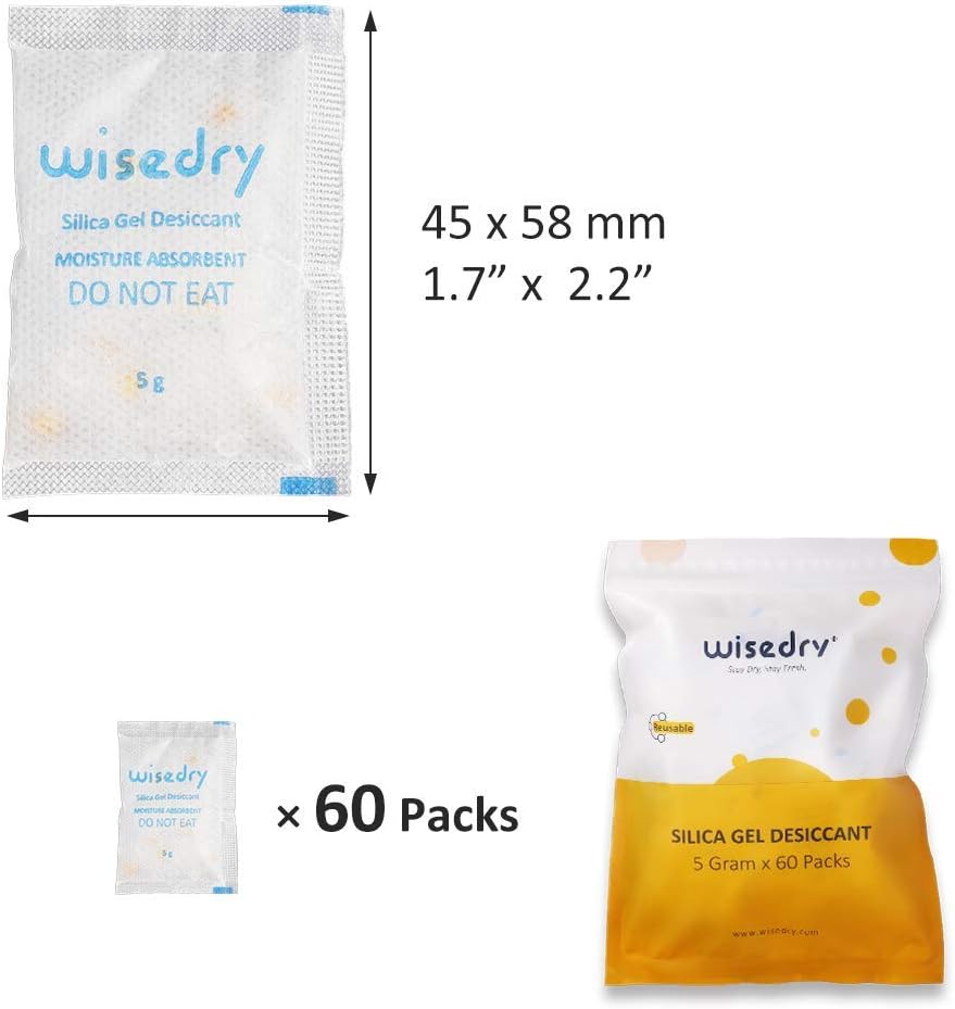 wisedry Silica Gel Sachets Bags 5 Gram x 60 Packs with Orange Beads Humidity Indicator Moisture Absorber for Air Dryer Moisture Removal Food Grade - Image 5