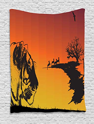 Lunarable Face Tapestry, Close Up Composition of a Tiger with Safari Animal Silhouettes Hunter, Wall Hanging for Bedroom Living Room Dorm, 40 W X 60 L Inches, Burnt Orange Yellow Black