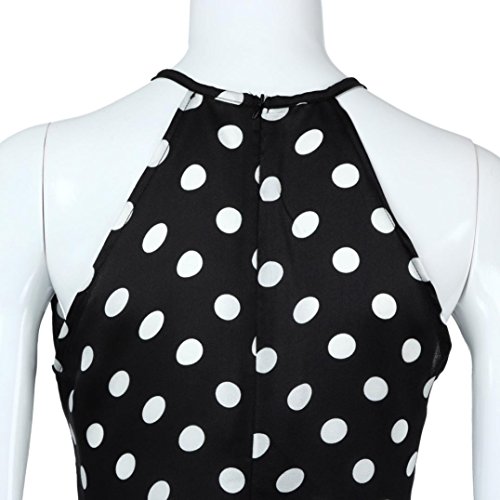 Women's Loose Casual Sleeveless Chiffon O-Neck Dot Print Ruffles Blouse Tops (Black, XL) - Thumbnail 7