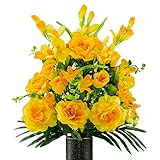 Ruby's Silk Flowers Gold Gladiolus and Rose Mix Artificial Bouquet, featuring the Stay-In-The-Vase Design(c) Flower Holder (SM2181)