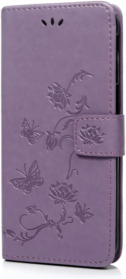 Vagenno Samsung Galaxy J6 Plus 2018 Case, Premium PU Leather Flip Case Notebook Wallet Case Embossed Lotus with Soft TPU Inner Kickstand Card Holder Slots Protective Skin Cover,Light Purple