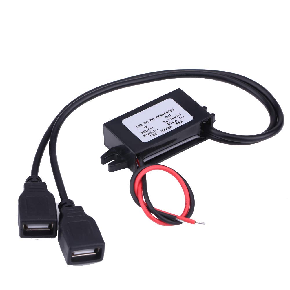 Direct Current Converter Module, 12V to 5V 3A 15W Direct Current Converter, ABS Shell Power Converter Adapter with Dual USB for Car Motorcycle Phone Charge,Terminals and Harnesses