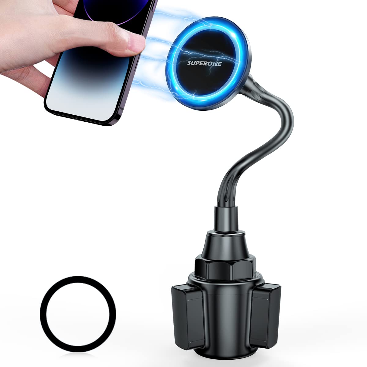 SUPERONE for MagSafe Car Cup Holder Phone Mount, [20 Strongest Magnets] Adjustable Gooseneck Cup Phone Holder for Car Compatible with iPhone 17 16 15 14 13 12 Series MagSafe Case & All Phone