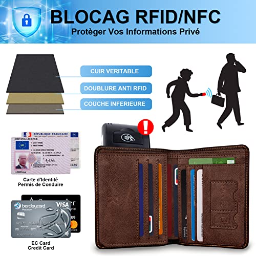 Portefeuille Homme, Kaisangtu Porte Carte De Credit en Cuir Véritable Anti RFID/NFC 11 Emplacements pour Carte Crédit, 2 Compartiment à Billets Support de Carte d\'identité avec Boîte Cadeau (Marron)