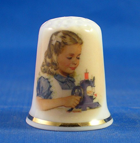 Porcelain China Thimble -- Girl with Toy Sewing Machine