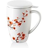 Sweejar Porcelain Tea Mug with Infuser and Lid,Teaware with Filter, Loose Leaf Tea Cup Steeper Maker, 16 Fl Oz for Tea/Coffee/Milk/Women/Office/Home/Gift (Plum Blossom)