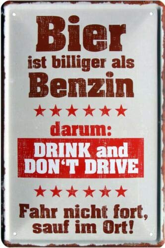 1709 Tin Sign with German Text "Bier ist Cheger als Gasoline" [German Language] 20 x 30 cm