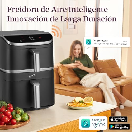 Cosori Air Fryer Turbo Tower Pro Smart 10.8 Liter, PFAS Free Ceramic Coating Air Fryer, Dual Resistance with Turbo Blaze, Vertical Dual Basket Airfryer with 7 Functions and WiFi