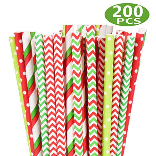 Christmas Paper Straws Bulk Biodegradable Disposable Drinking Red White Green Striped Dot for Party Supplies, 200PCS Straws and 6PCS Stickers