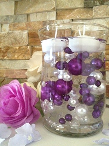 Vase Filler Pearls For Floating Pearl Centerpieces, Purple/Ivory Jumbo & Mix Size No Hole Pearls, (Transparent Gel Beads required to float pearls sold separately)