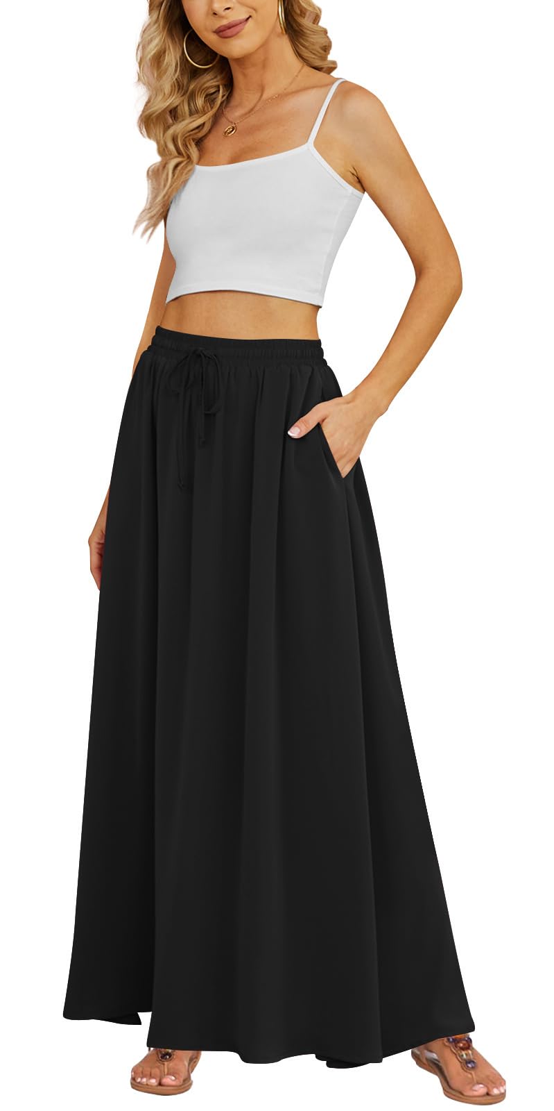 Photo 1 of Yincro Women's Flowy Maxi Skirt Summer Pleated High Waisted Casual Long Skirts with Pockets (Black, L)