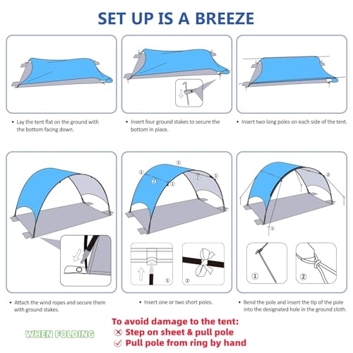 Beach Shelter with UV Protection UPF 50+ - Portable Beach Canopy & Sun Protection for Beach, 360° Ventilation, 4 Sandbags, Double Pockets, Pegs & Ropes (270 x 165 x 158 cm)