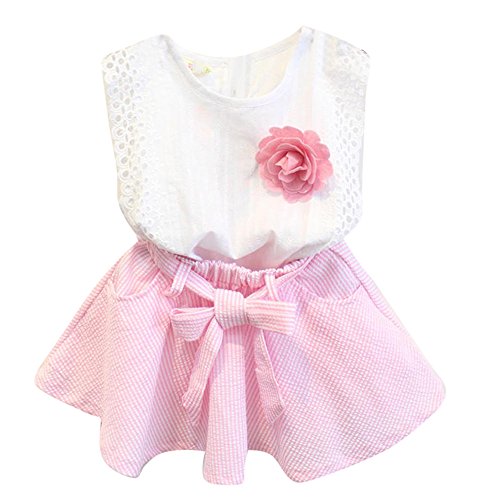 Sharemen Toddler Baby Girl Outfits T-Shirt Stripe Skirt with Belt (Pink, 6-7Years)