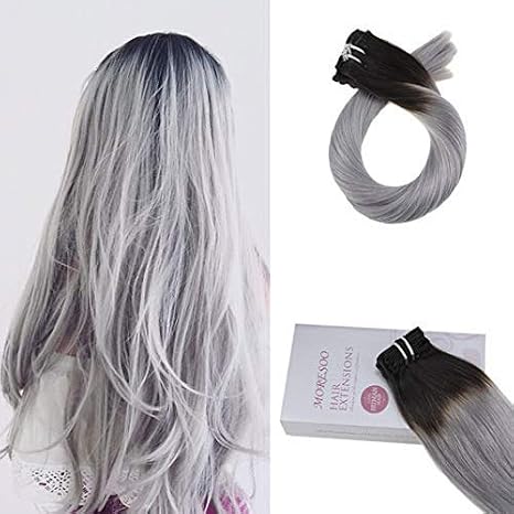 Moresoo 22 Pouce Couleur 1b Off Noir To Gris Extensions De Cheveux Humains Naturels à Clips Hair Extensions 100 Remy Clips Extensions Cheveux Clips