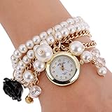 Zeagoo Women Rose Flower Faux Pearl Round Dial Quartz Bracelet Wrist Watch