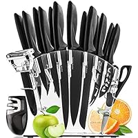 Stainless Steel Knife Set with Block - 13 Kitchen Knives Set Chef Knife Set with Knife Sharpener, 6 Steak Knives, Bonus Peeler Scissors Cheese Pizza Knife and Acrylic Stand by Home Hero