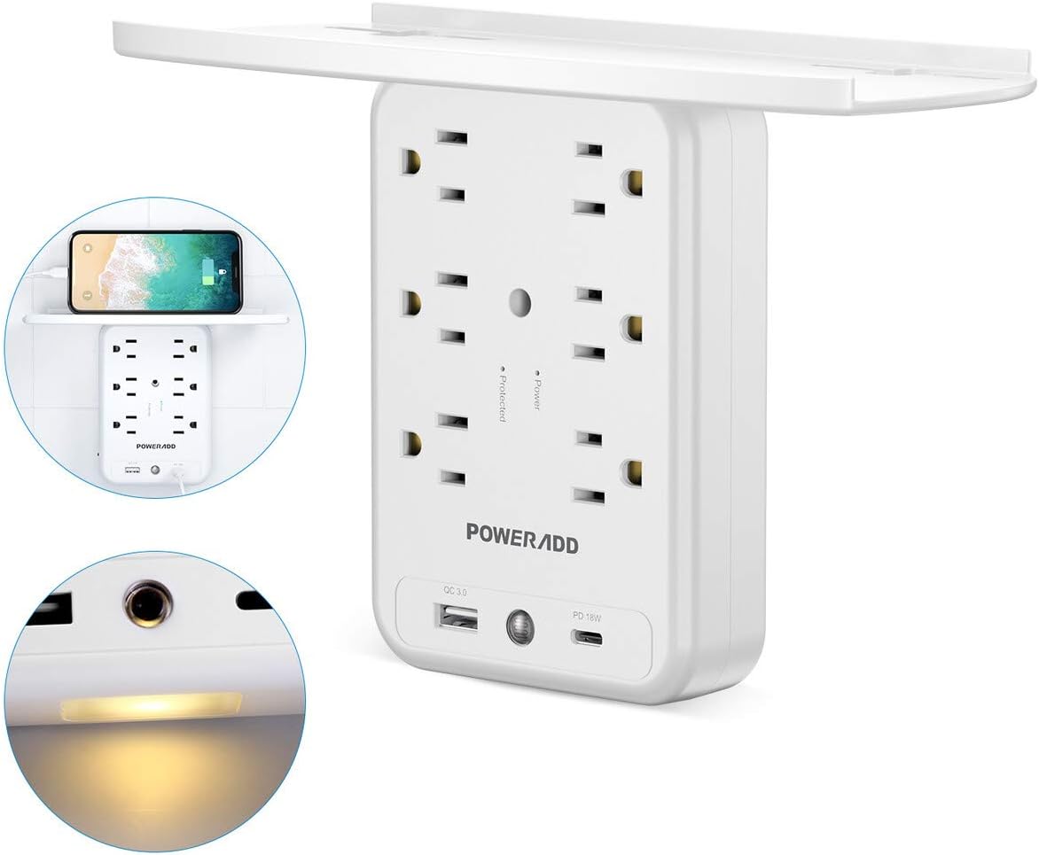 Socket Shelf Wall Outlet, POWERADD 6 Outlet Extender Surge Protector with USB C PD 18W Fast Charging Ports, Multi Plug Outlet with Removable Built-In Shelf and Smart Night Light for Bathroom/Home/Dorm: Home Audio & Theater