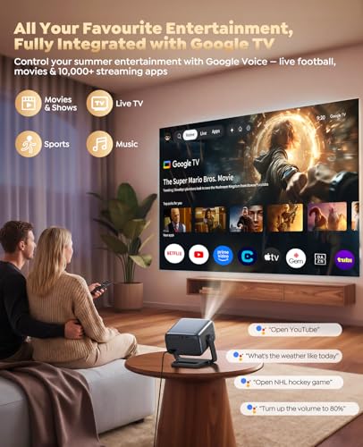 Smart 4k Projector [Built-in Google TV/360°Stand] 30W Hi-Fi Speakers,Competible with Netflix, HDR10 Outdoor Projector with Auto Focus & Keystone, HDMI ARC/CEC Projecteur for Home & Bedroom Ceiling
