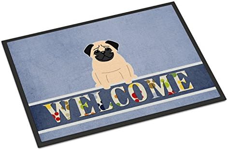 Caroline's Treasures BB5589MAT Pug Fawn Welcome Doormat 18x27 Front Door Mat Indoor Outdoor Rugs for Entryway, Non Slip Washable Low Pile