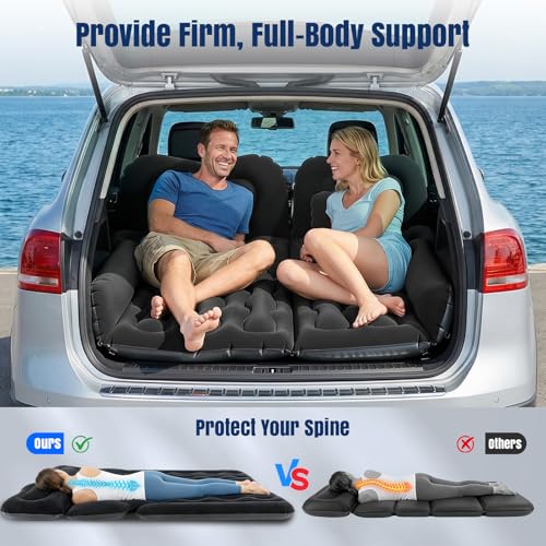 Inflatable Car Mattress, Camping SUV Mattress for Boot and Rear Bench, 12V Pump Included + 2 Pillows, 2 Fillers, Soft Waterproof Flocked Surface, Suitable for Car RV MPV Van