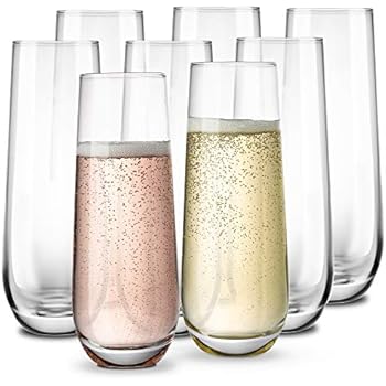 Stemless Champagne Flutes, by KooK, Durable Glass, Set of 8, 10.5oz