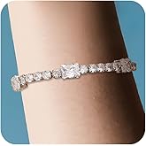 BXDA Silver Chunky White Rhinestone Bangle Bracelets for Women, Dainty Statement Cubic Zirconia Crystal Link Bracelet Fashion Jewelry Gift