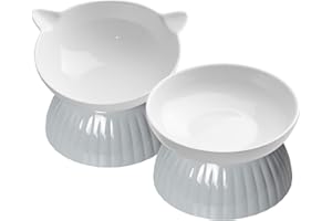 DDMOMMY 2 Ceramic Raised Cat Food Bowls, Elevated Cat Food and Water Bowl Set, Pet Bowl for Indoor Cats and Small Dogs, Anti-Vomiting Cat Dog Feeder with Plastic Base, Dishwasher Safe, Grey…