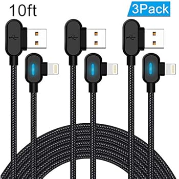 90 Degree iPhone Charger Cable 10ft Right Angle Lightning Cable with Blue LED Light Fast Charging USB iPhone Cable 3 Pack Nylon Braided Cord Compatible iPhone Xs MAX XR X 8 7 6s Plus (Black,10ft)