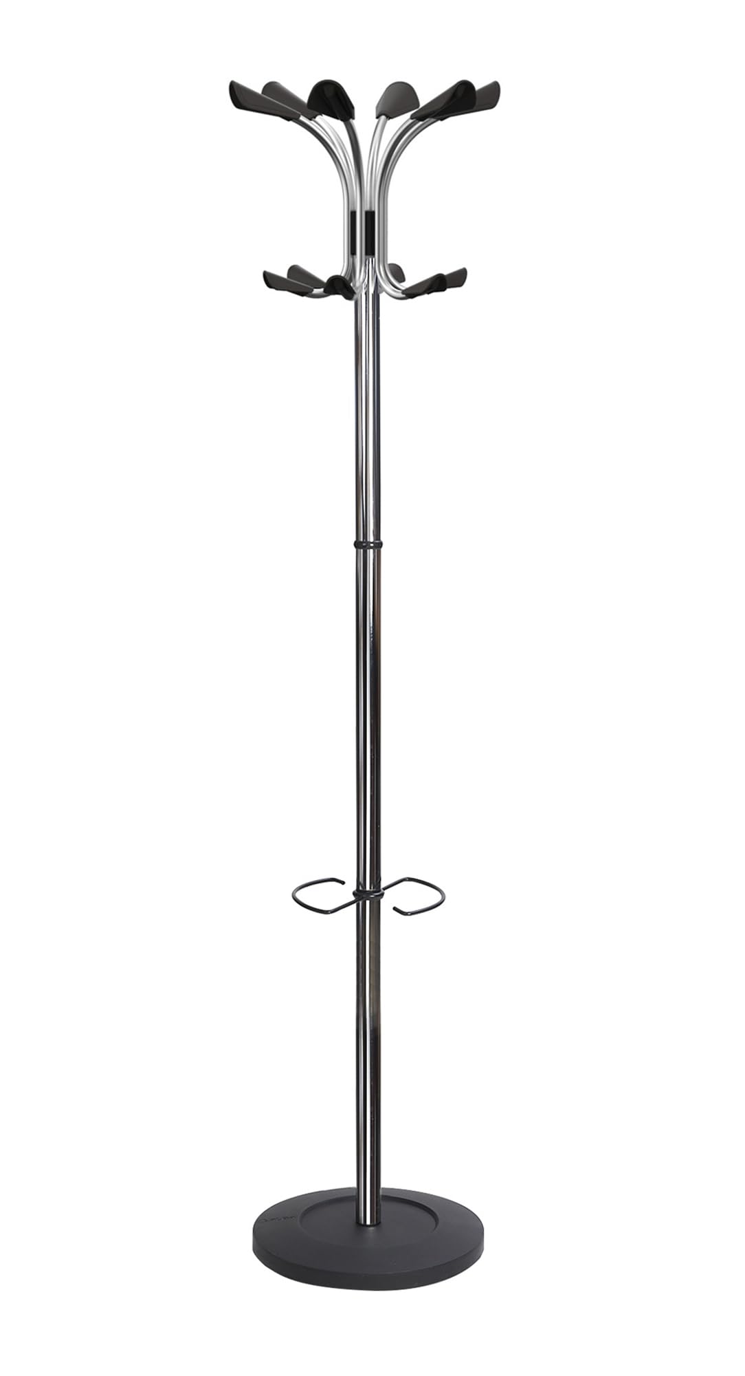 Alba Chromy Hat and Coat Stand Tubular Steel with Umbrella Holder 6 Hooks 6 Pegs H1790mm Ref PMCLAS, Silver