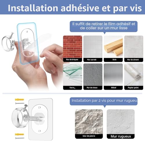Curtain Pole Brackets No Drilling for Ceiling/Wall, Adjustable, Optimised Model for Rods from Ø25 to 32 mm, Ideal for Showers, Doors and Closets (Set of 4, Transparent)