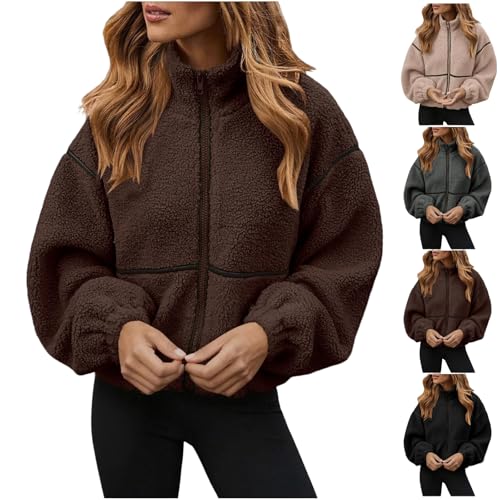 Womens Coats with Soft Warm Fleece Ladies Oversized Long Sleeve Plush Jackets Full Zip Stand Collar Sweatshirt Solid Color Casual Fuzzy Jackets for Autumn Winter