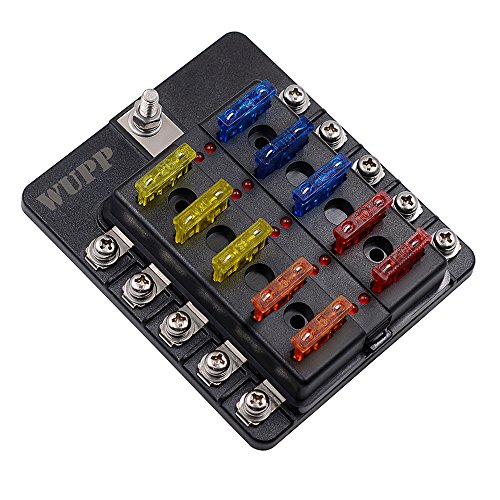 10Way Boat Fuse Box, 12 Volt Fuse Block with LED Warning Indicator