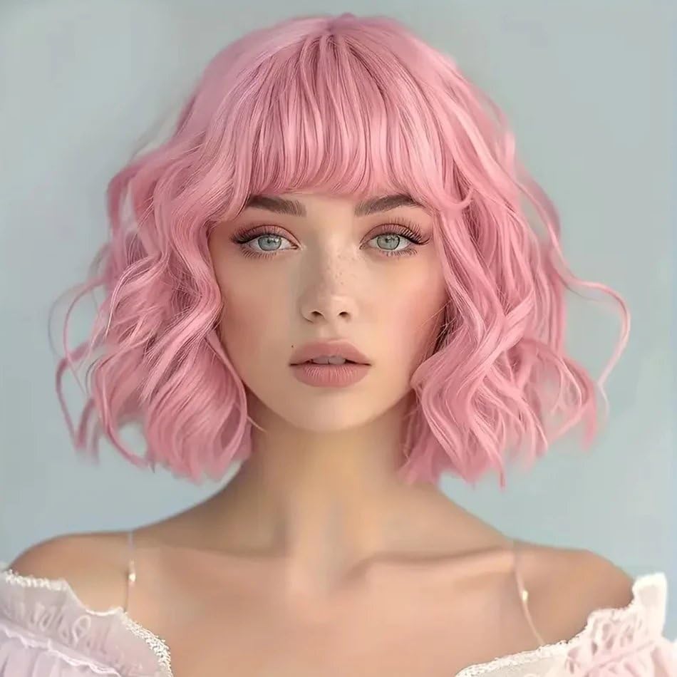 PORSMEER Short Pink Wavy Bob Wig with Fringe Natural Looking Synthetic Hair Wigs for Women Girls Fancy Dress Halloween Costume Or Daily Wear 12 inch — image 1