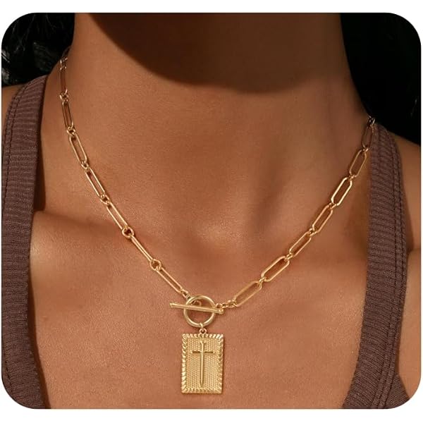 Collier Croix Femme WATEFOER - Pendentif Croix Chrétienne En Plaqué Or 14k, Chaîne Paperclip, Hypoallergénique