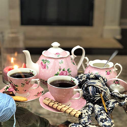 BTäT Floral Tea Set, Tea cups (8oz), Tea Pot (38oz), Creamer and Sugar