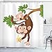 Ambesonne Cartoon Shower Curtain, Funny Monkey Hanging from Tree and Holding Banana Jungle Animals Theme Print, Cloth Fabric Bathroom Decor Set with Hooks, 69