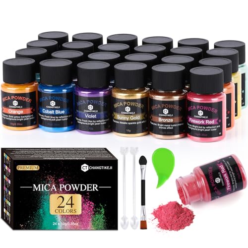 CHANGTIKEJI Mica Powder，24 Colors - 10g/Bottle of Natural Pigment Powder for Epoxy Resin，Soap Making，Candle Making,Lip Gloss,Car Freshies,Dye,Nail Polish,Bath Bombs
