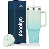Konokyo 40 oz Tumbler with Handle and 2 Straws,2 in 1 Lid Insulated Water Bottle Stainless Steel Travel Coffee Mug,Mint