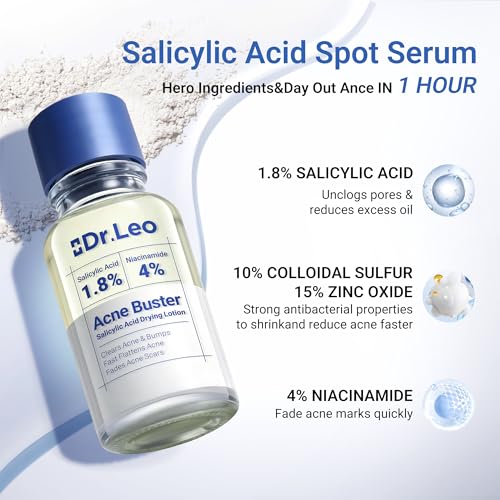 Dr.Leo 1.8% Salicylic Acid Acne Treatment, Drying Lotion Acne Spot Treatment for Acne-Prone Sensitive Skin | Niacinamide, Fast Pimple Relief, Fades Acne Marks, Overnight & Period Breakouts, 0.34 fl oz