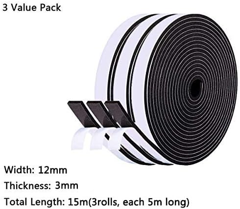 fowong Foam Strip, 3 Rolls 12 mm(W) x 3 mm(T) Total 15M Long, Door Sealing Strip, Self Adhesive Weather Strips - Image 3