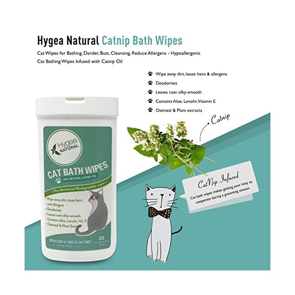 Hygea Natural Catnip Bath Wipes Cat Wipes for Bathing, Dander, Butt, Cleansing, Reduce