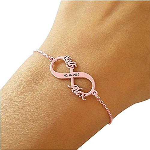 Personalized 925 Sterling Silver Infinity Bracelet Custom Made with 2 Names &amp; Dates (Rose gold)