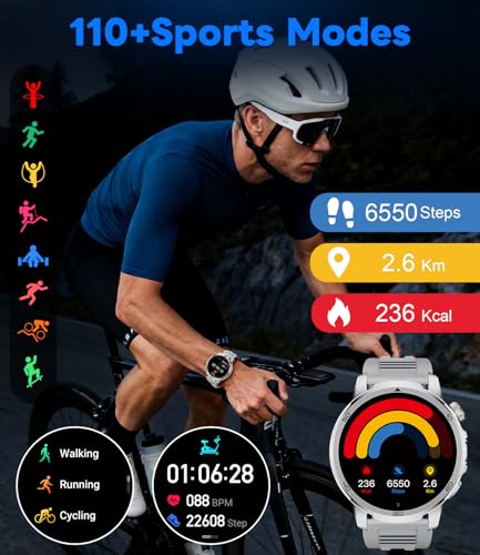LIGE SMART Men's Smart Watch, Large Screen 1.85"/Bluetooth Call/1000mAh/LED Torch, Men's Smartwatch with Heart Rate/Sleep/IP68/110+ Sports Modes Android iOS, Silver