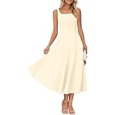 MEROKEETY Women's 2026 Summer Sleeveless Midi Dress Square Neck Smocked Flowy A Line Beach Dresses