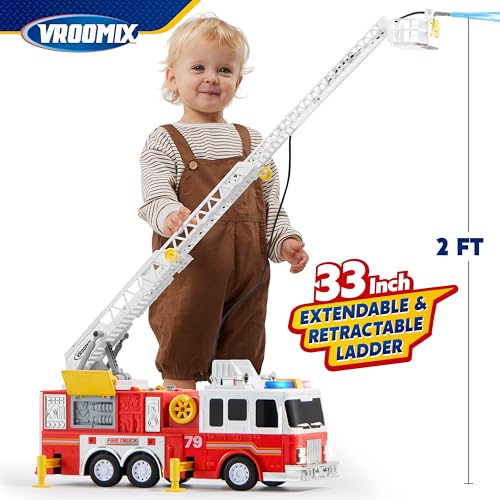 Extra Large Toddler Fire Truck Toys for Boys with 33-inch Ladder, Realistic Sirens, Lights & Sprinkler Pump, Big Firetruck Emergency Vehicle, Kids Toys for Age 2, 3, 4, 5, 6 Christmas Birthday Gifts