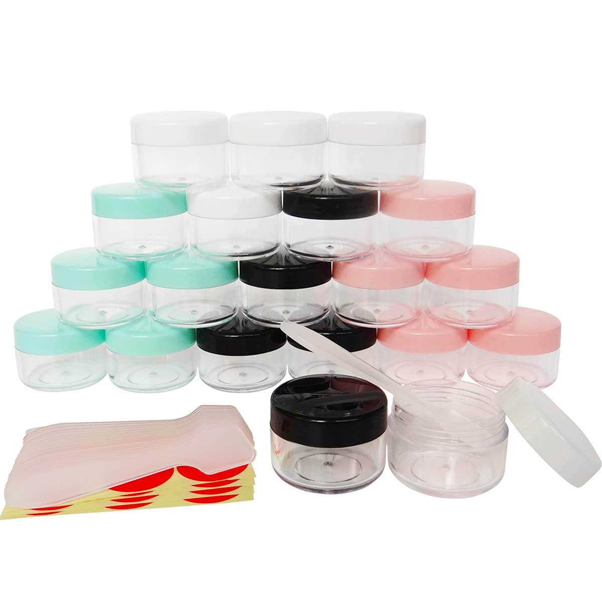 GreatforU 15ml Sample Jars, 15 Gram Empty Refillable Cosmetic Container, Plastic Round Pot Screw Cap Lid, Tiny 15g Bottle for Makeup Eye-shadow Nails Powder, FREE 20pcs Spatulas, Multi-colored 2
