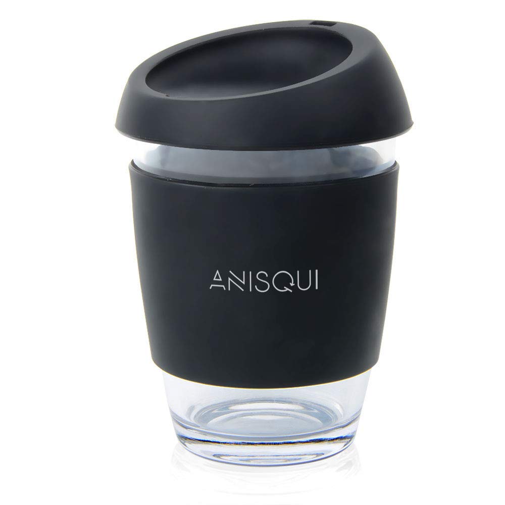 AniSqui Glass Travel Mug, 12oz 350ml Portable Coffee Cup with Lid (Black)