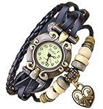 Boho Chic Vintage Leather Rope Bracelet Quartz Watch with Heart (Black)
