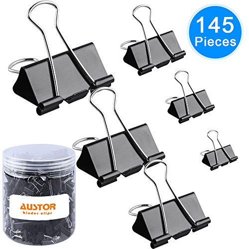 AUSTOR 145 PCS Binder Clips Black Paper Clamps Assorted 6 Sizes Paper Clips with Box for Office, School and Home Supplies