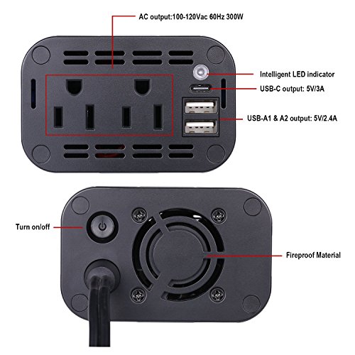 COOSA 300W USB C Car Power Inverter DC 12V to 110V AC Vehicle Power Converter with 4.8A Dual USB A Charging Ports Car Adapter (Black red)